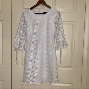 Madison Leigh White Lace Cutout Dress Midi Knee Length Sheer Long Sleeve Lace